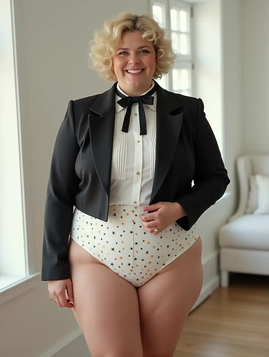 Plump-Caucasian-Woman-in-Formal-Orchestra-Tuxedo-in-White-Bedroom