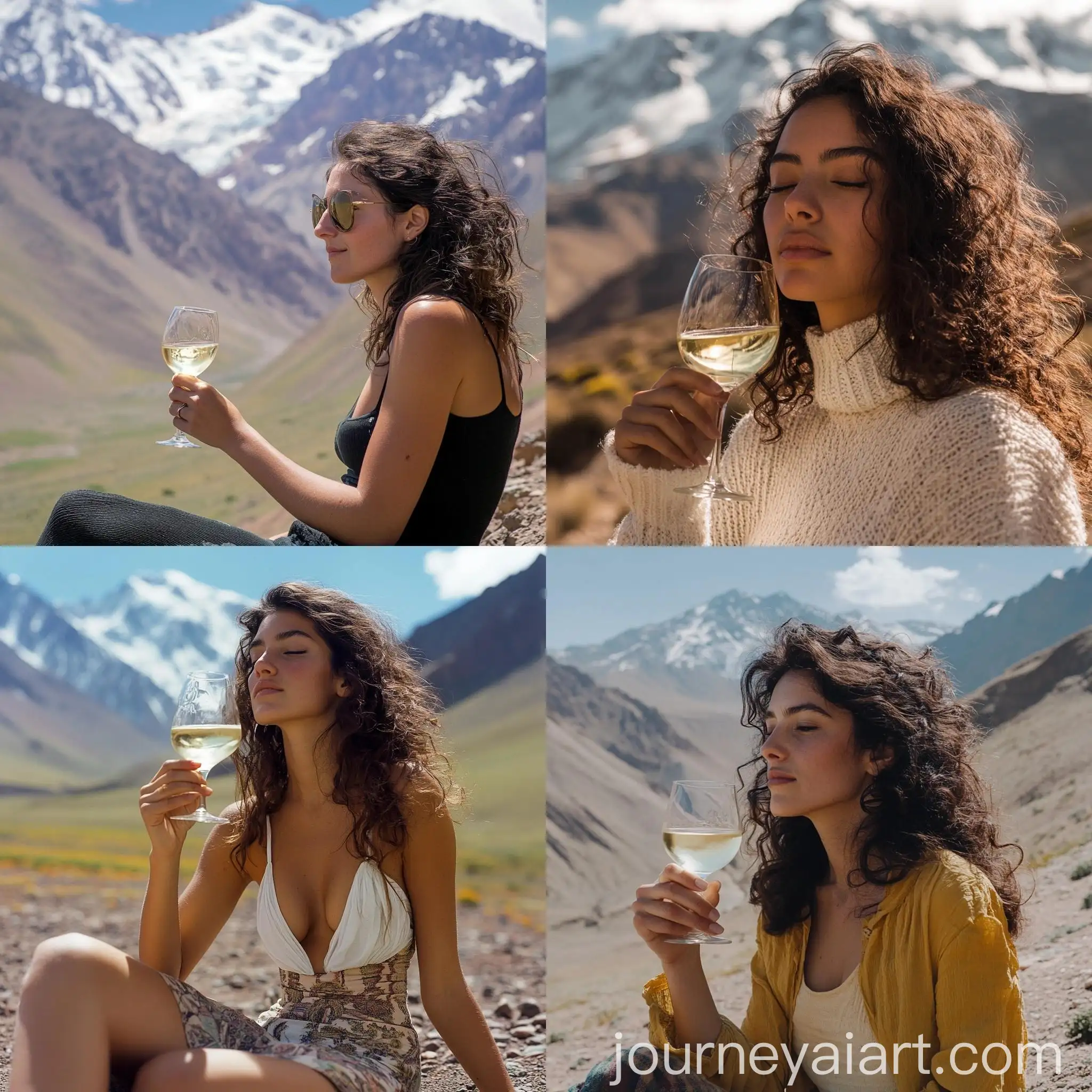 Brunette-Woman-Drinking-White-Wine-with-Aconcagua-View
