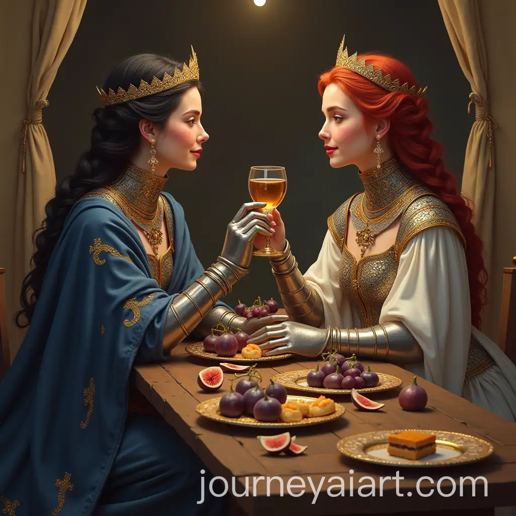 Medieval-Female-Knights-in-Royal-Camp-Tent-Enjoying-Wine-and-Sweets