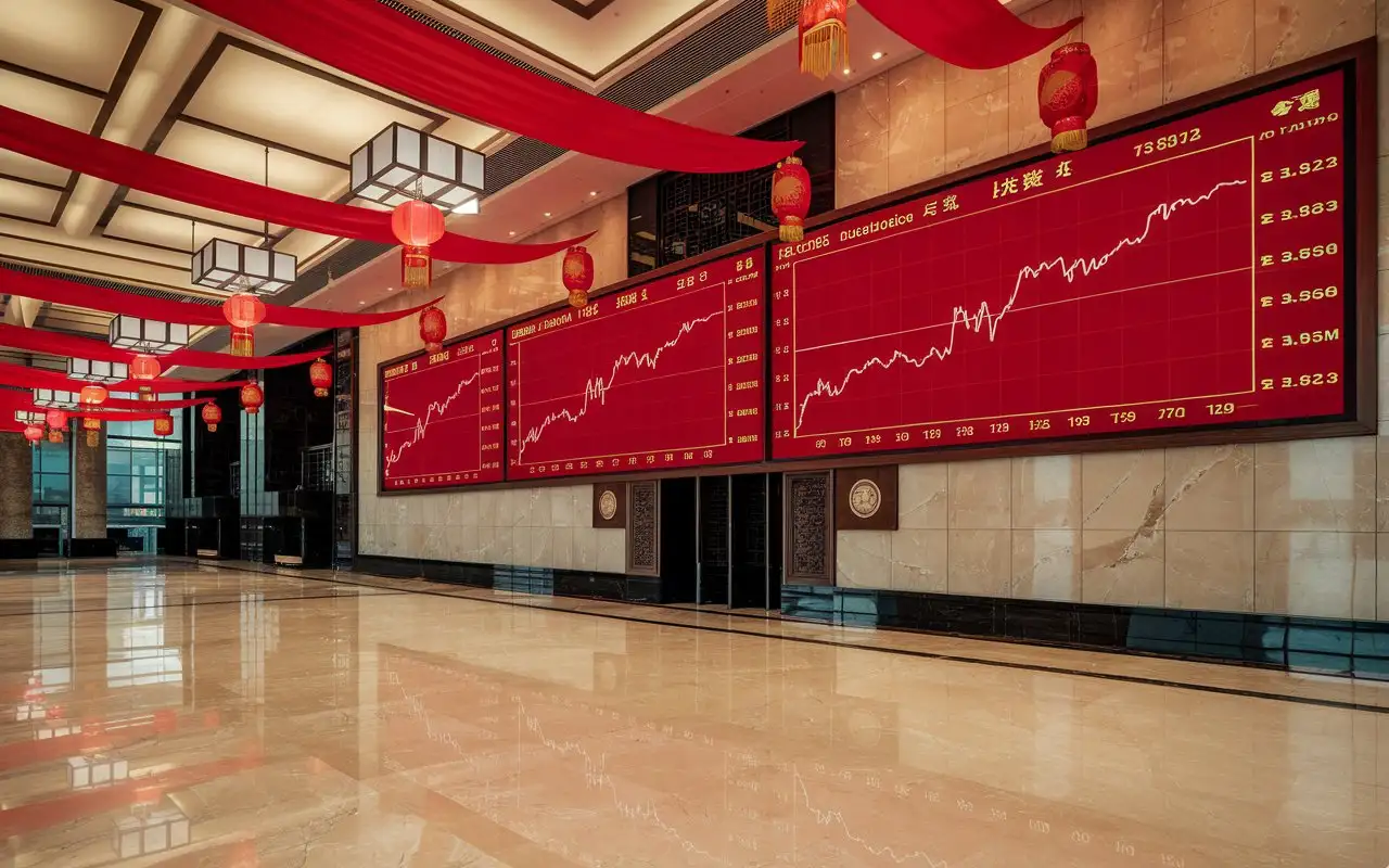 Trading hall with financial characteristics. Very spacious. Huge LED stock quotation screen occupying the entire wall and displaying red K-line charts. Traditional Chinese knots and lanterns are perfectly integrated with modern financial elements. The ground is classic beige marble with a shiny reflective surface. Red silk ribbons decorated for Chinese Spring Festival with 'Happy New Year' words.