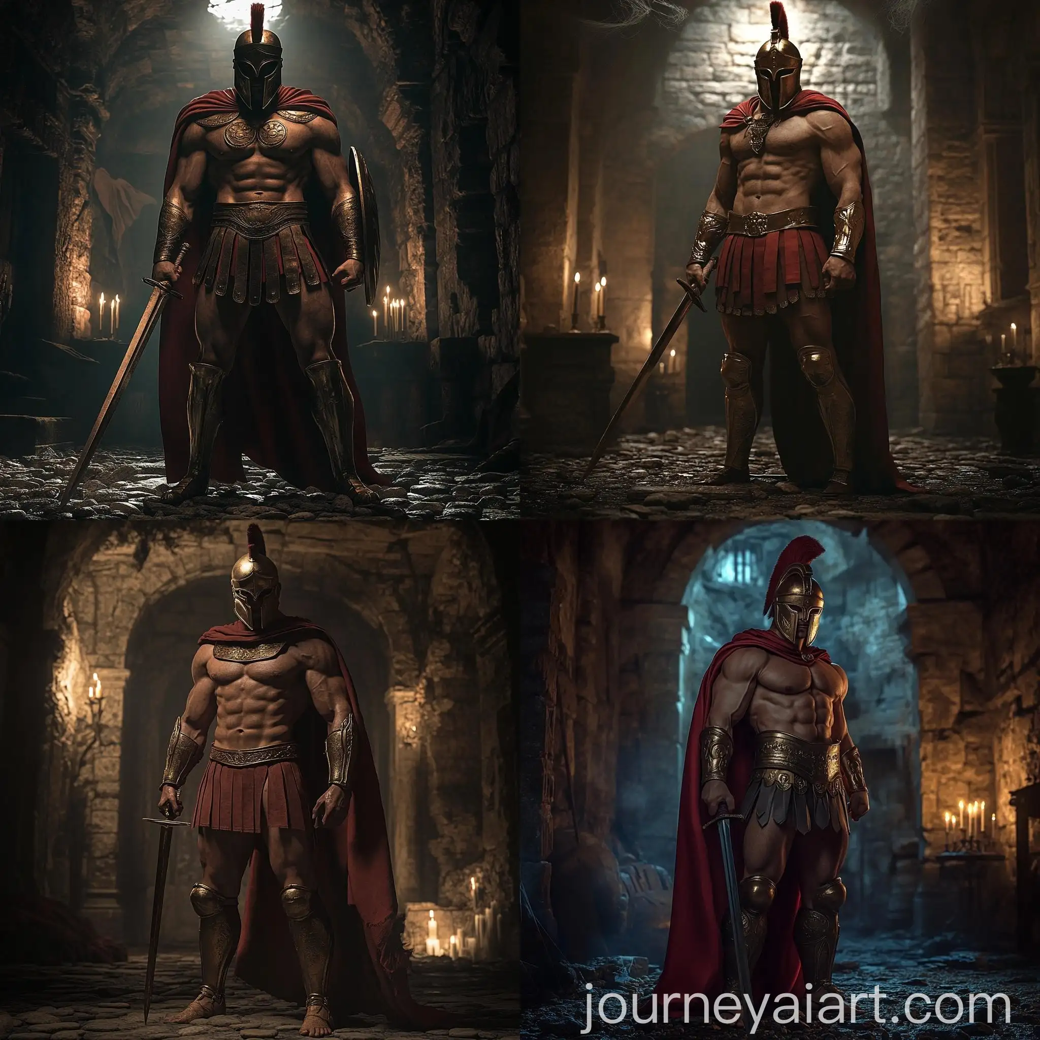 Spartan-Warrior-with-Corinthian-Helmet-and-Sword-in-Candlelit-Castle-Room