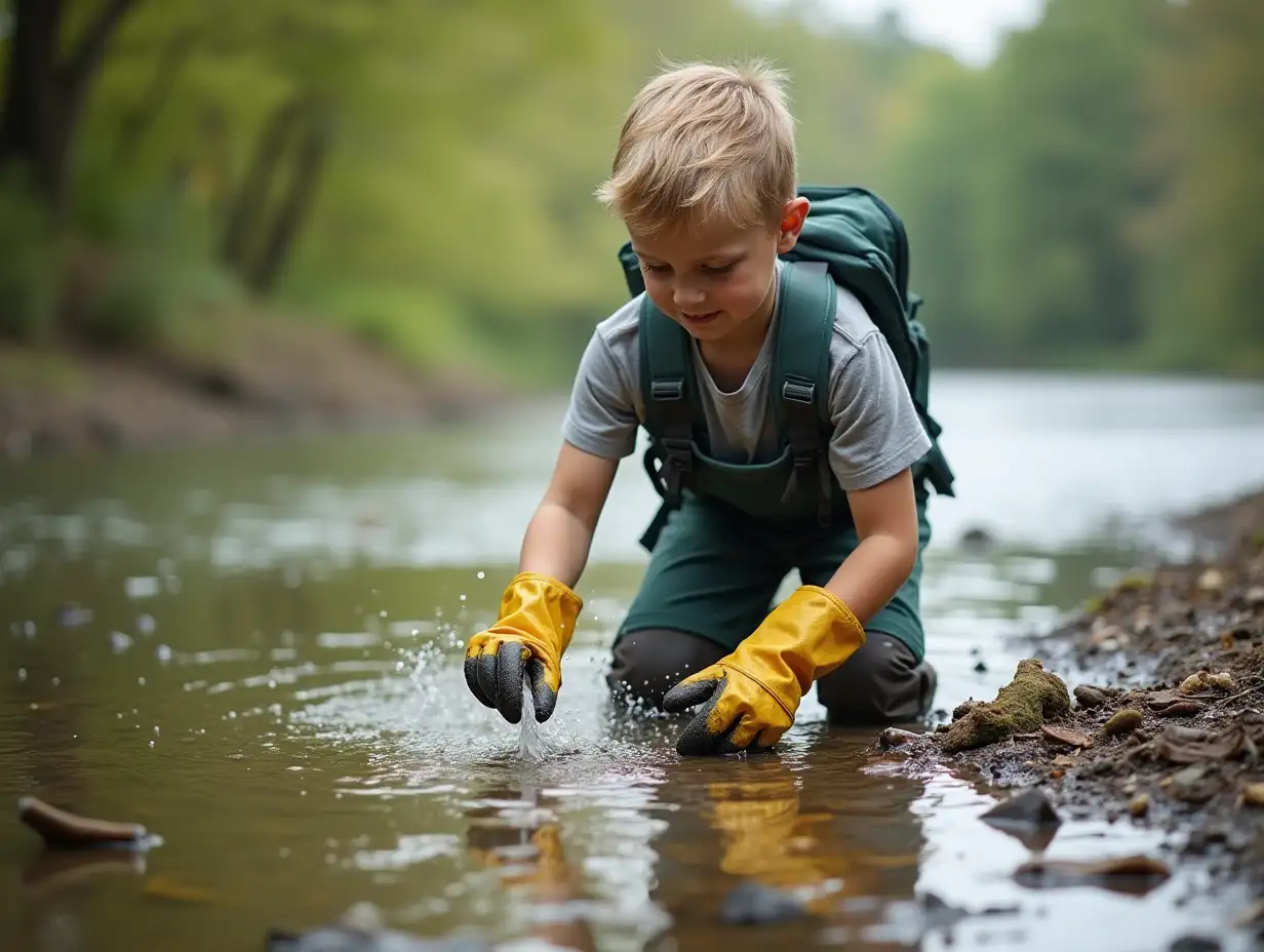 Child-Boy-Volunteer-Cleaning-Riverbank-from-Plastic-Garbage