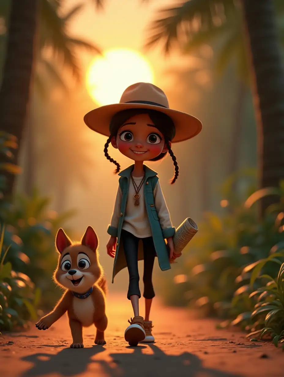 3d Pixar style Ayesha an adventurous young girl wearing a stylish hat and a white shirt with blue short coat and black pants with big eyes and 3d Pixar style Lucky has light brown fur with a creamy white chest, walking out of the jungle as the sun sets behind them. 3d Pixar style Ayesha an adventurous young girl wearing a stylish hat and a white shirt with blue short coat and black pants with big eyes is smiling, a map rolled up and tucked under her arm, while 3d Pixar style Lucky has light brown fur with a creamy white chest, playfully jumps around her. The jungle fades into the background, glowing faintly in the evening light.