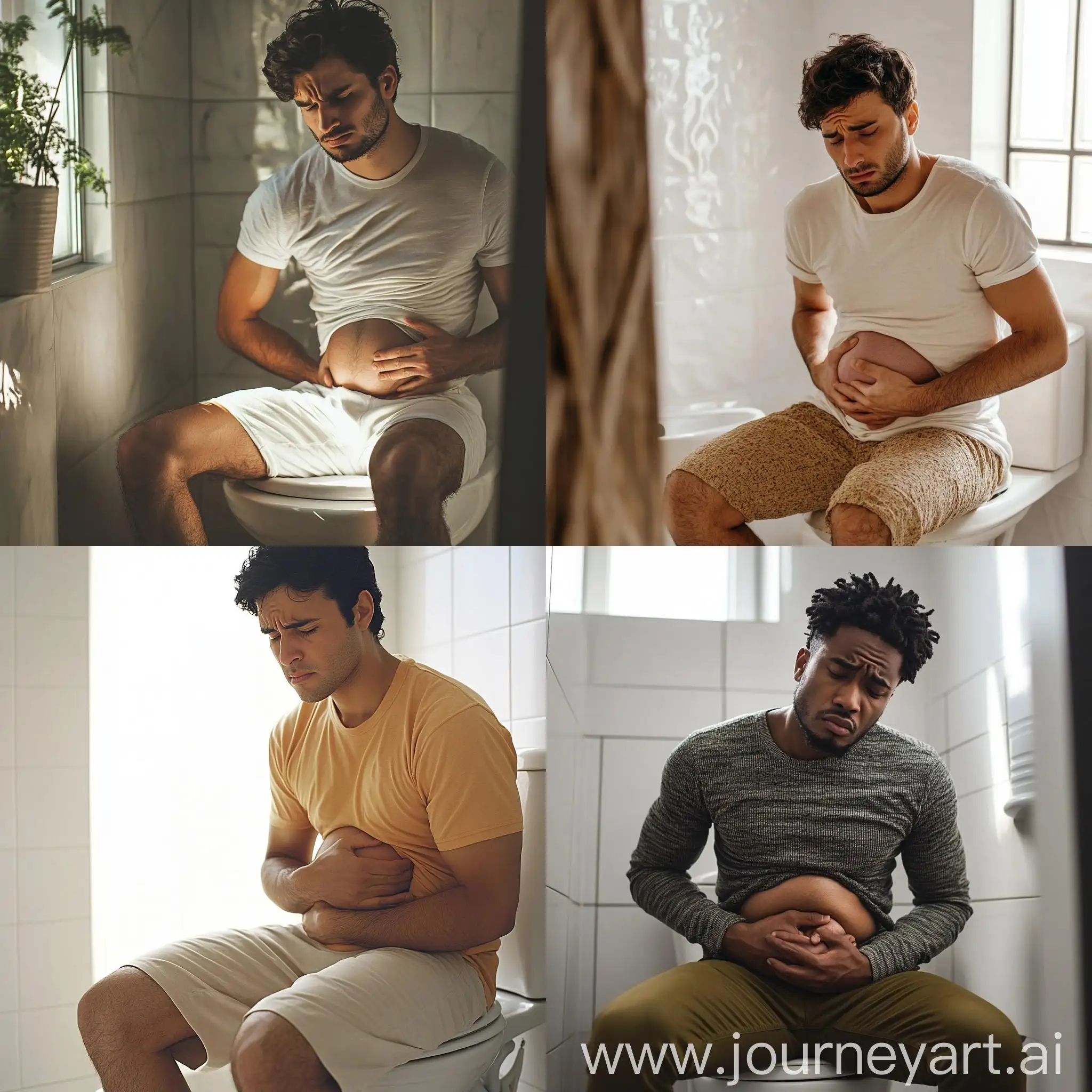 Man-Holding-Uncomfortable-Stomach-in-Bathroom