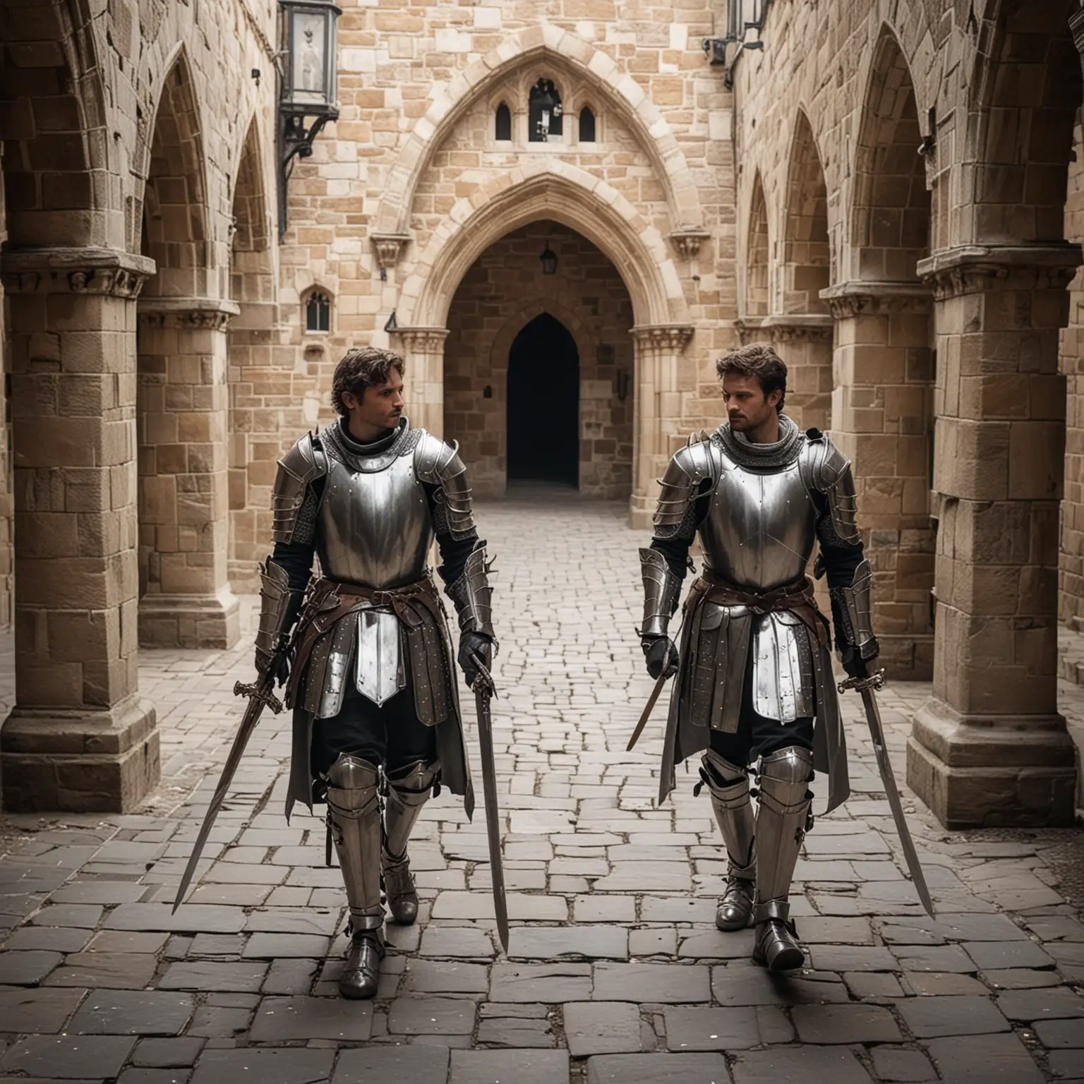 Two handsome Knight, wearing silver armour, hold swords as they walk together in a castle courtyard