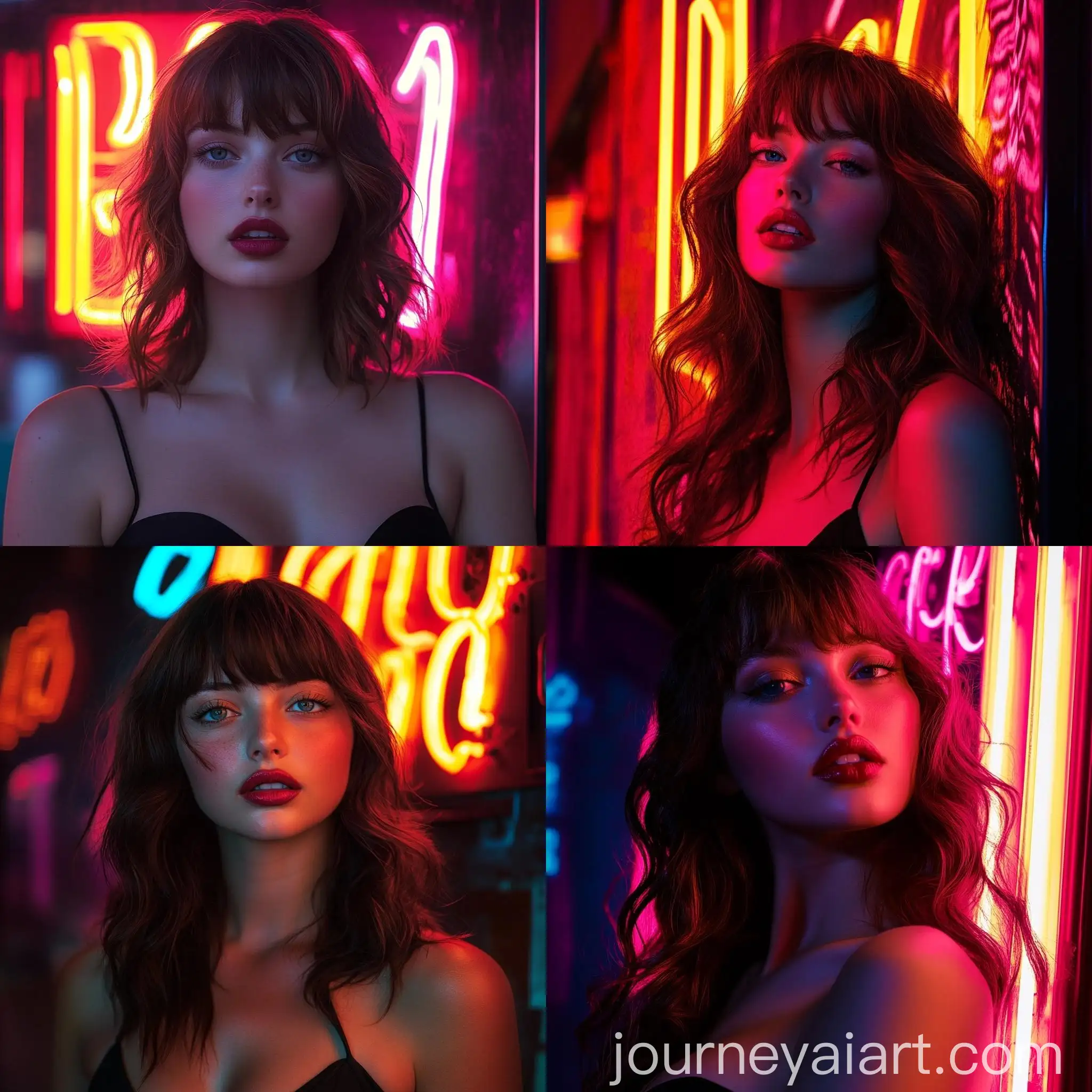 Portrait-of-a-Beautiful-Woman-with-Wavy-Brown-Hair-and-Neon-Lights-Background