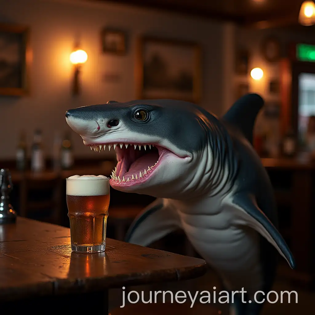 Shark-with-Beer-in-Hand-Stumbling-Over-Bar-Table-in-Pub