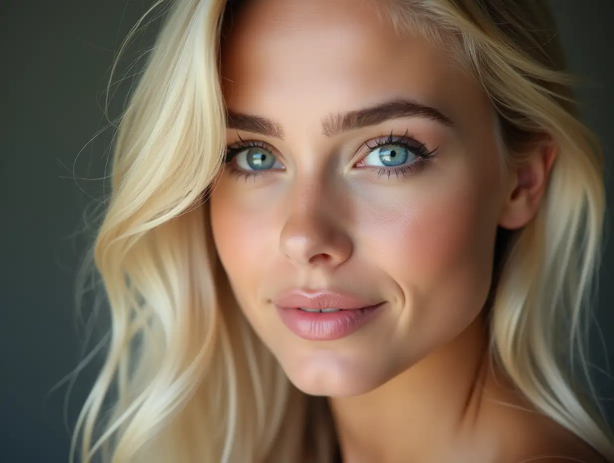 a beautiful face of an Iranian girl with blonde hair and blue eyes