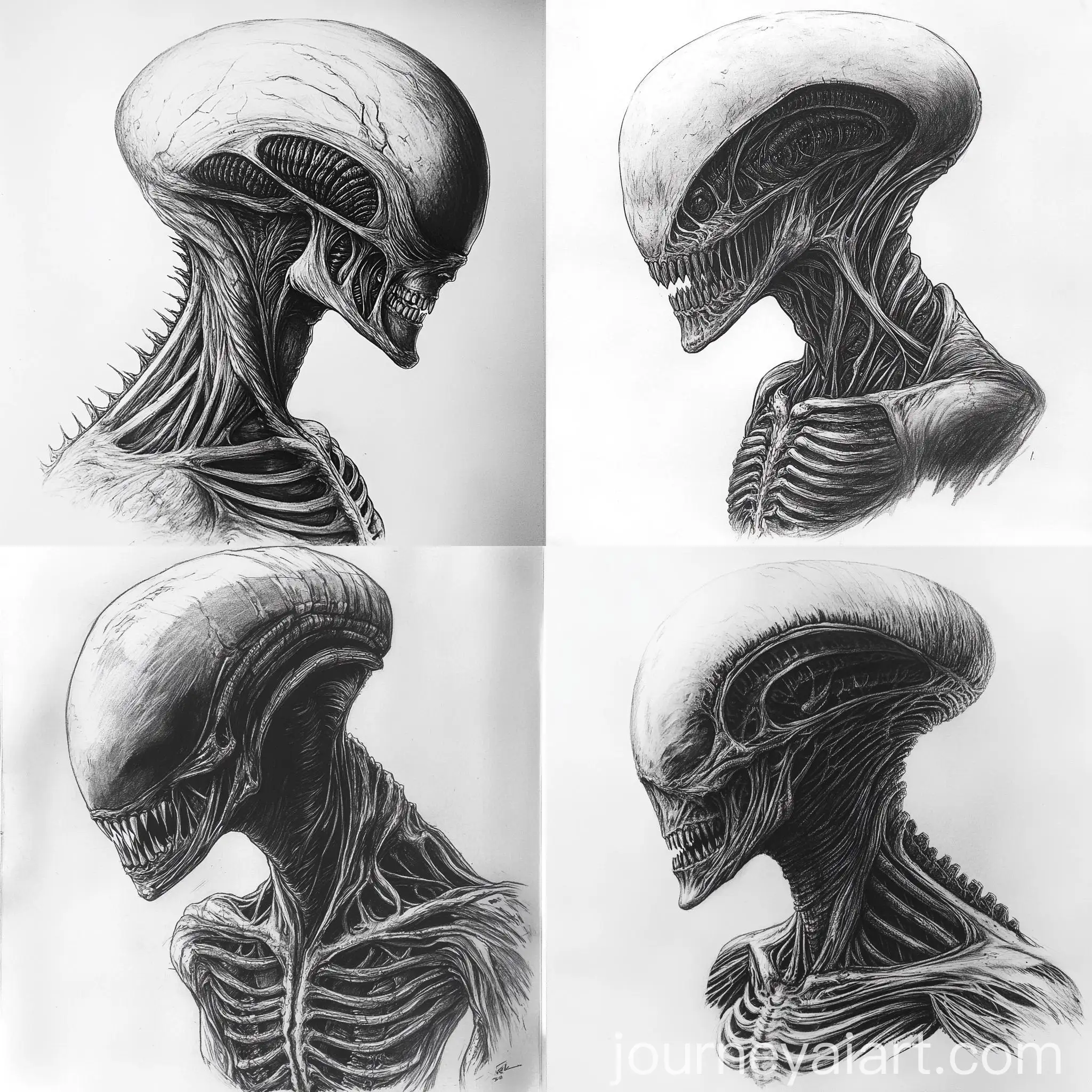 Anthropomorphic-Creature-with-Human-Skull-Hint-in-HR-Giger-Style-Pencil-Drawing