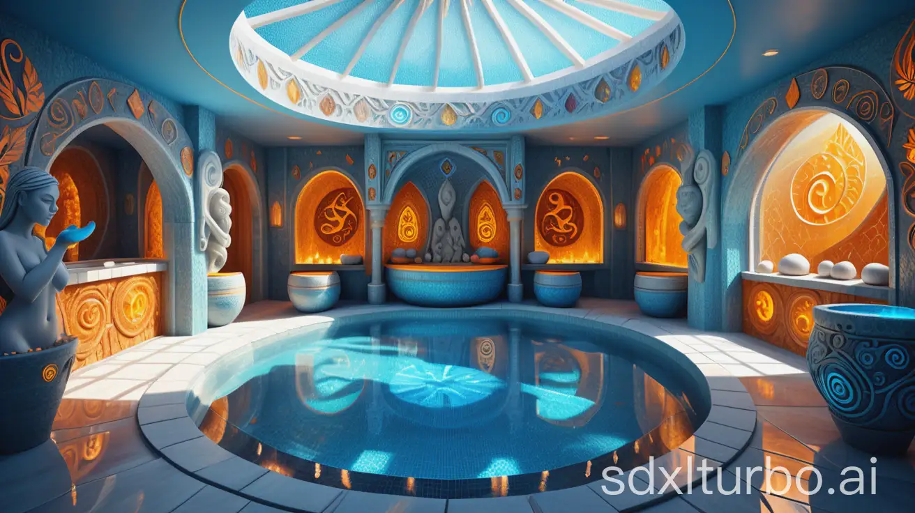 a vast luxury nordic spa in fantasy style, with carved adorned stone sculptures, many colorful magical signs on walls, amber cups, light blue and blue mosaic pool, sunny atmosphere, highly detailed