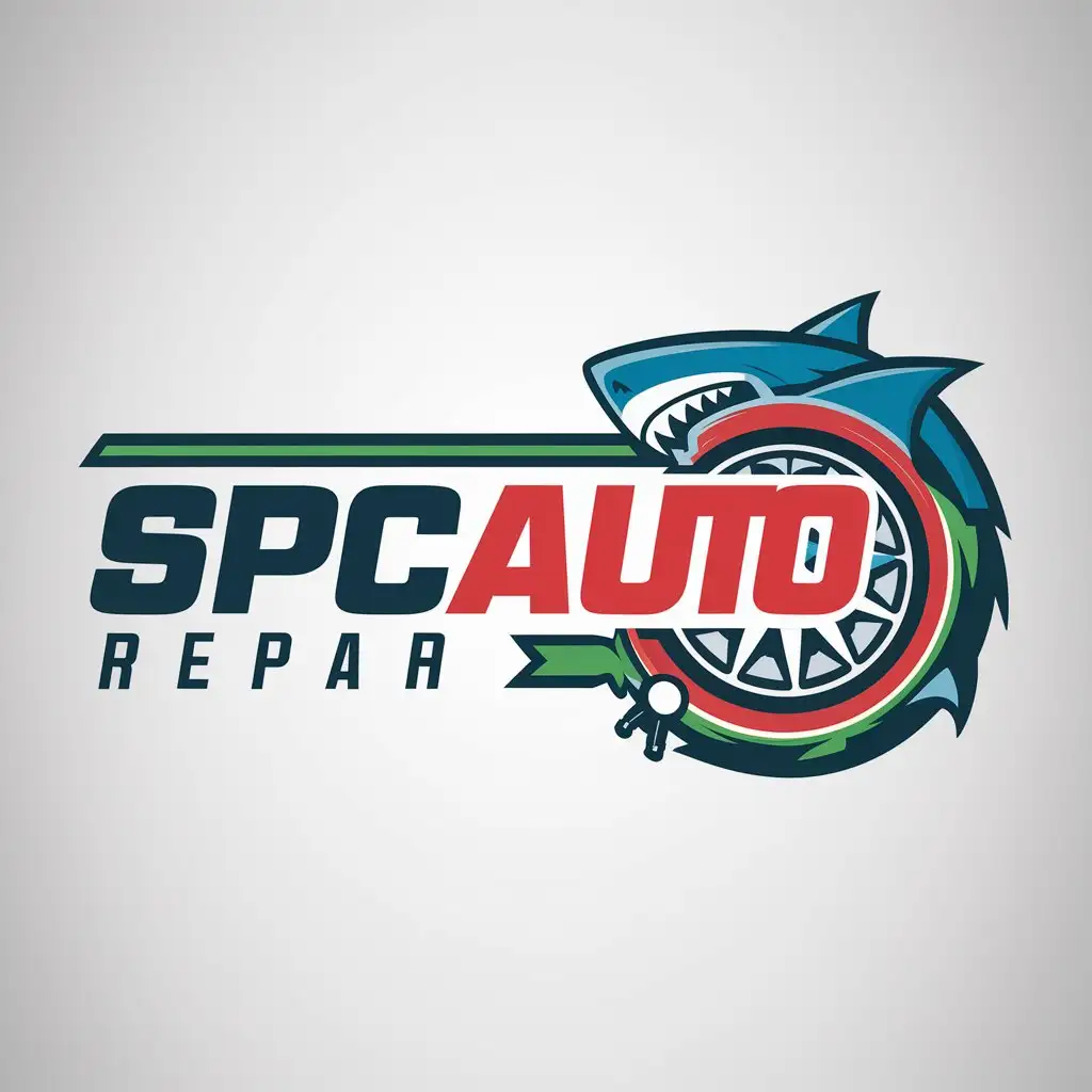 a logo design,with the text "SPCAUTO", main symbol:Shark wheel tire repair blue red green,Moderate,be used in Automotive industry,clear background