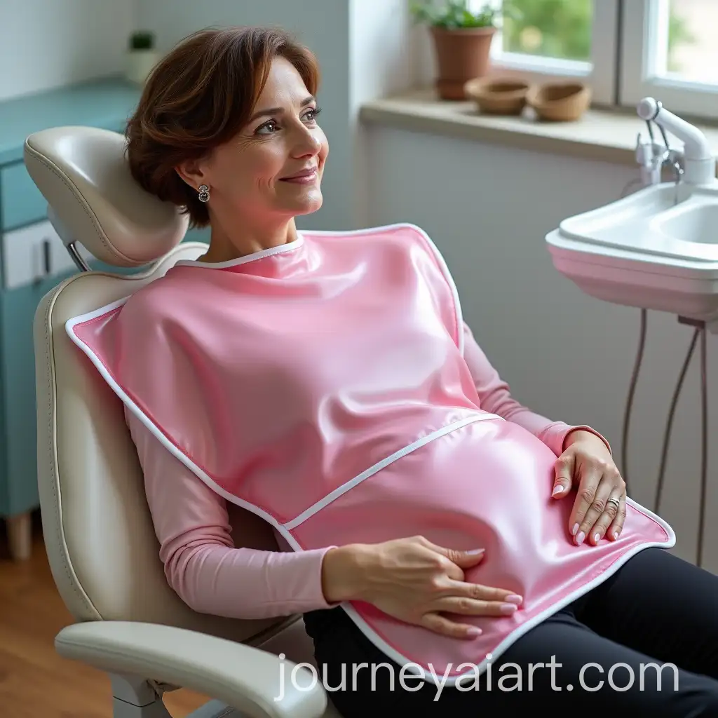 Woman-in-Dentist-Chair-Wearing-Transparent-Pink-PVC-Mealtime-Bib