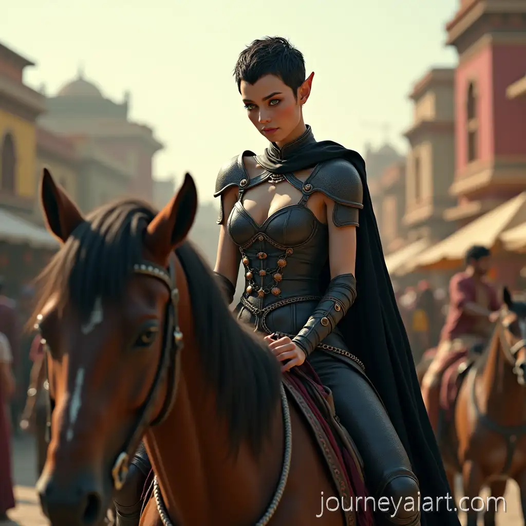 Elven-Warrior-Woman-Riding-Majestic-Horse-inElven-warrior-in-market-Colorful-Indian-Market