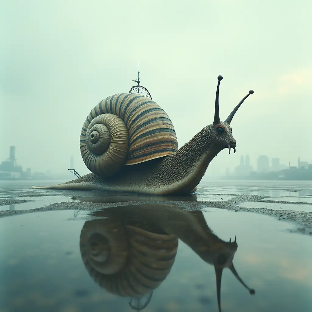 a surreal, High-speed, futuristic snail, Steampunk Airport double exposure