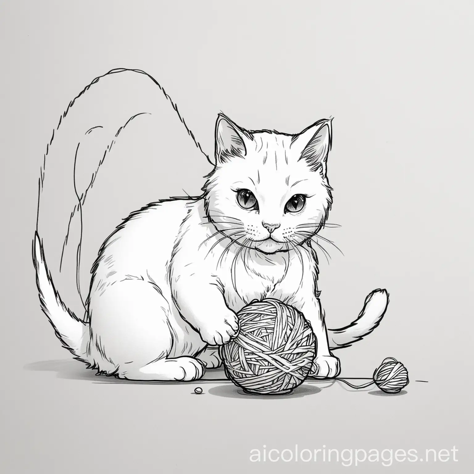 cat playing with a ball of yarn, Coloring Page, black and white, line art, white background, Simplicity, Ample White Space. The background of the coloring page is plain white to make it easy for young children to color within the lines. The outlines of all the subjects are easy to distinguish, making it simple for kids to color without too much difficulty