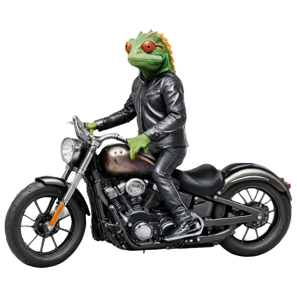 A chameleon riding a harley davidson. With biker clothing