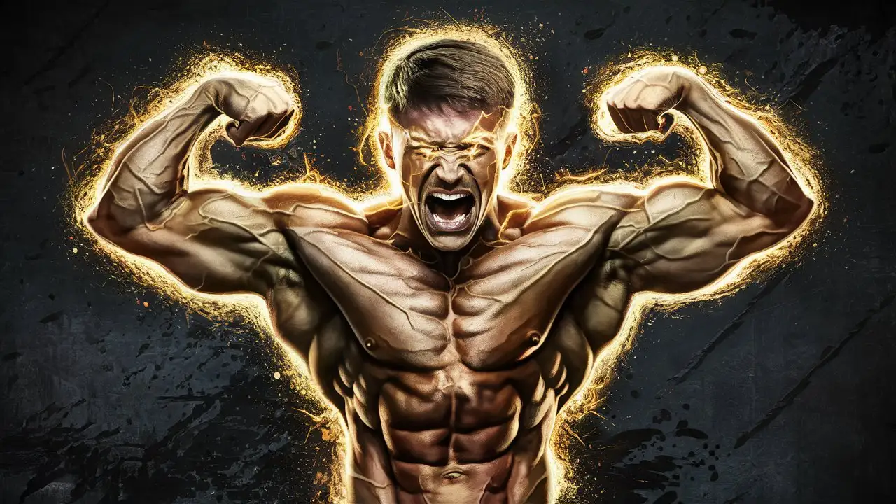 Powerfully-Muscled-Bodybuilder-Flexing-with-Luminous-Golden-Energy