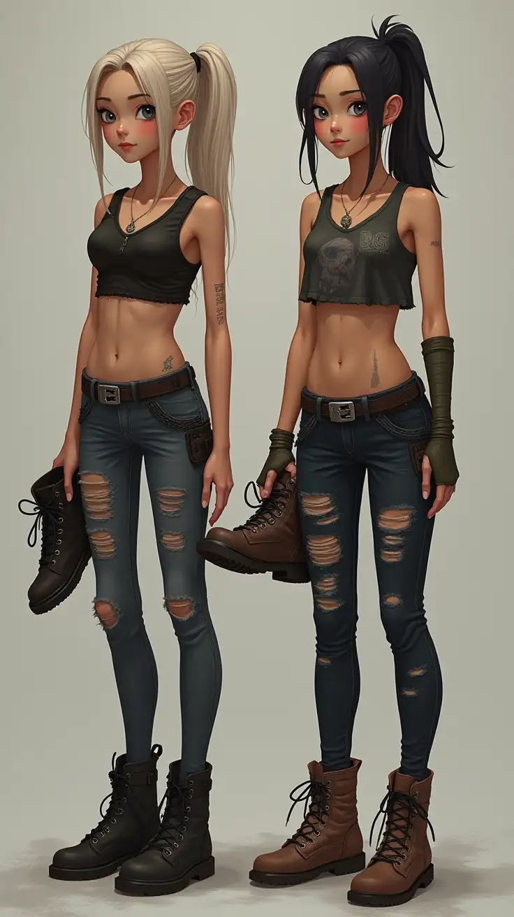 Two slender 15 year old warrior girls presenting combat shoes, post apocalyptic ripped outfits, abs, pony tail, undercut, tough girls, slim and tall, standing and holding combat shoes in their hands, full length shot