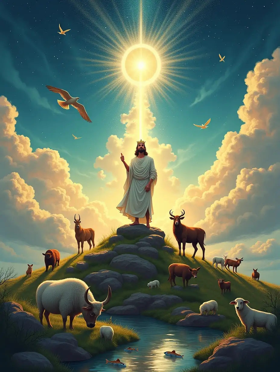 Visual Elements: Human Figure: Center the composition around a majestic human figure, depicted as standing confidently atop a hill or rock, symbolizing dominion. The figure should be portrayed with an expression of awe and reverence, wearing a crown that signifies glory and honor. Surrounding Nature: Illustrate a diverse array of animals around the human figure: sheep grazing peacefully, oxen standing strong, and various wild animals like deer or foxes in the background. Include birds soaring in the sky and fish swimming in a nearby stream or ocean to represent the breadth of creation under human stewardship. Celestial Background: Above, depict a stunning sky filled with stars and a radiant sun or moon, reinforcing the connection between humanity and the divine. Consider adding subtle rays of light shining down on the human figure, symbolizing God's presence and blessing. Color Palette: Use vibrant greens and browns for the landscape, contrasting with bright colors for the animals. The sky should feature deep blues with golden or silvery highlights to create a sense of wonder and majesty. Mood: The overall mood should convey a sense of dignity, responsibility, and awe. The image should inspire viewers to reflect on their role in creation and the honor they hold as caretakers of the earth, celebrating the excellence of God's name throughout all creation.