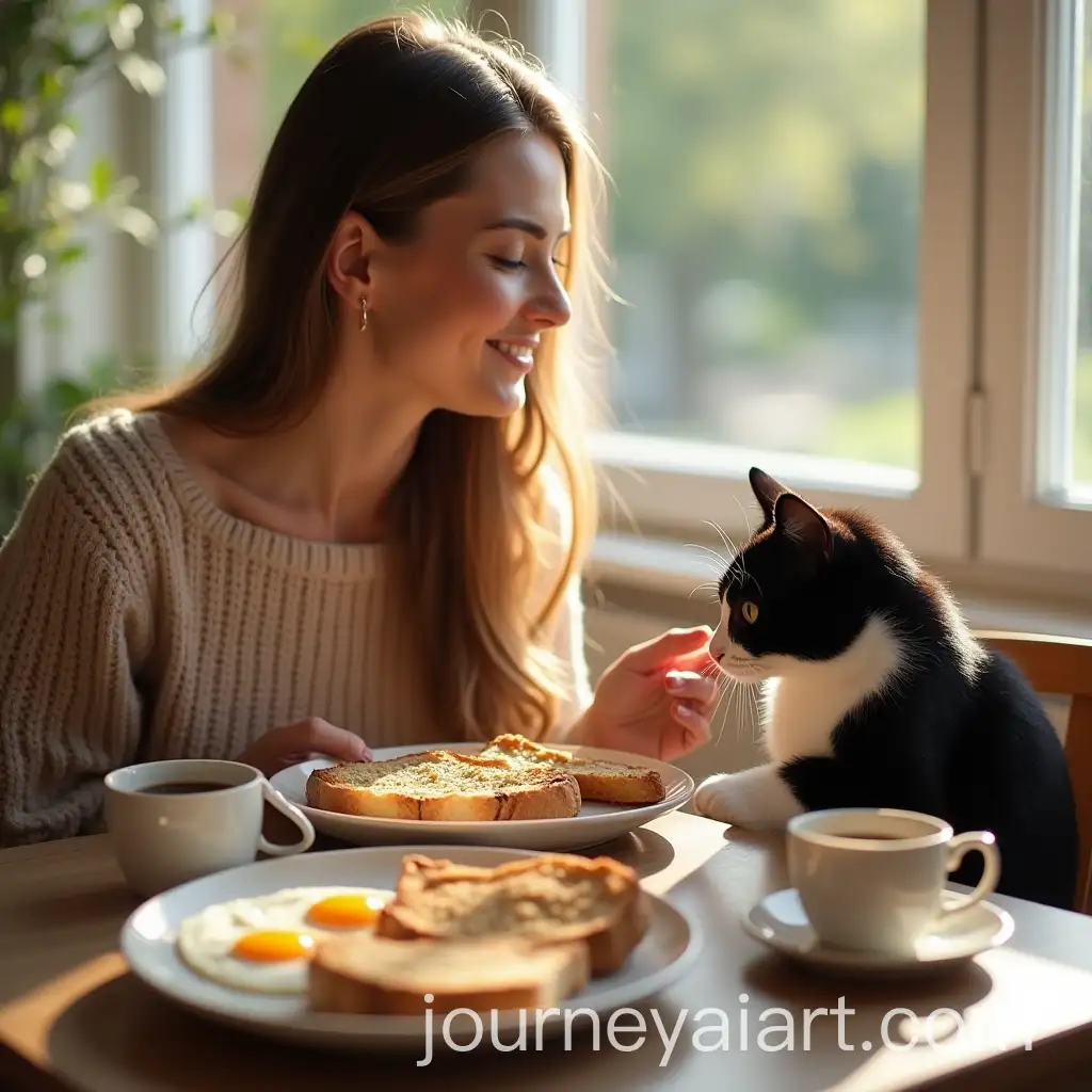 Woman-and-Tuxedo-Cat-Enjoying-Breakfast-Together-in-Cozy-Dining-Room