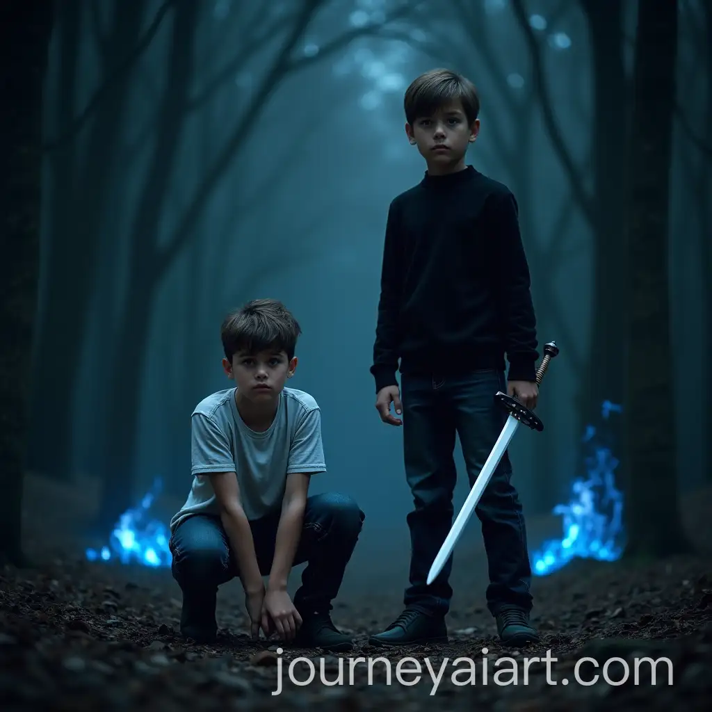 Two-Brothers-in-a-Dark-Forest-One-Kneeling-and-One-Protecting-with-Sword