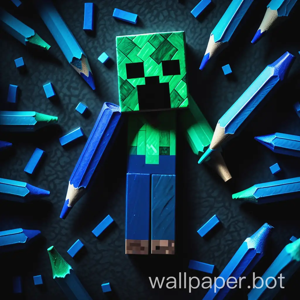 A dark, dramatic, artistic wallpaper features blue crayons in a striking design, a Minecraft Creeper being attacked by a blue crayon