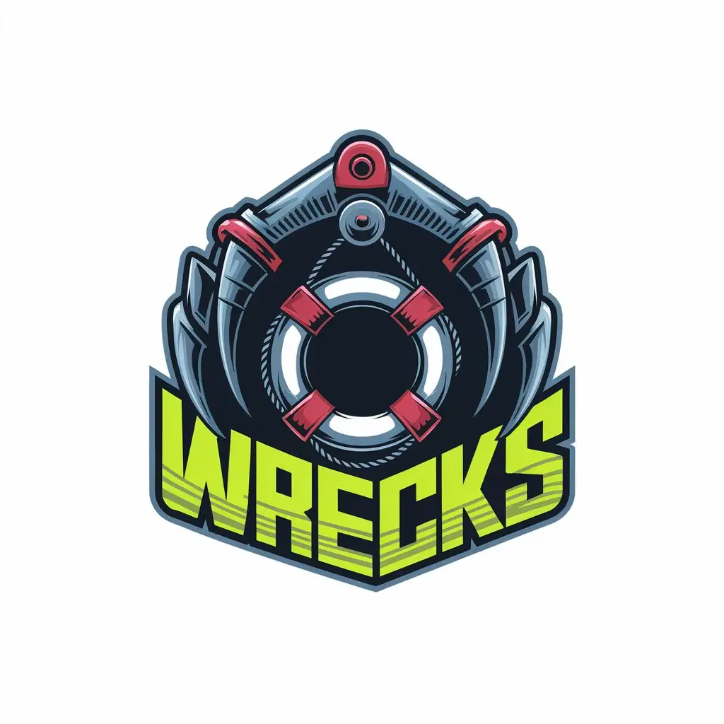 LOGO Design for WRECKS Futuristic Salvage Claw with Life Ring and Neon Yellow Font