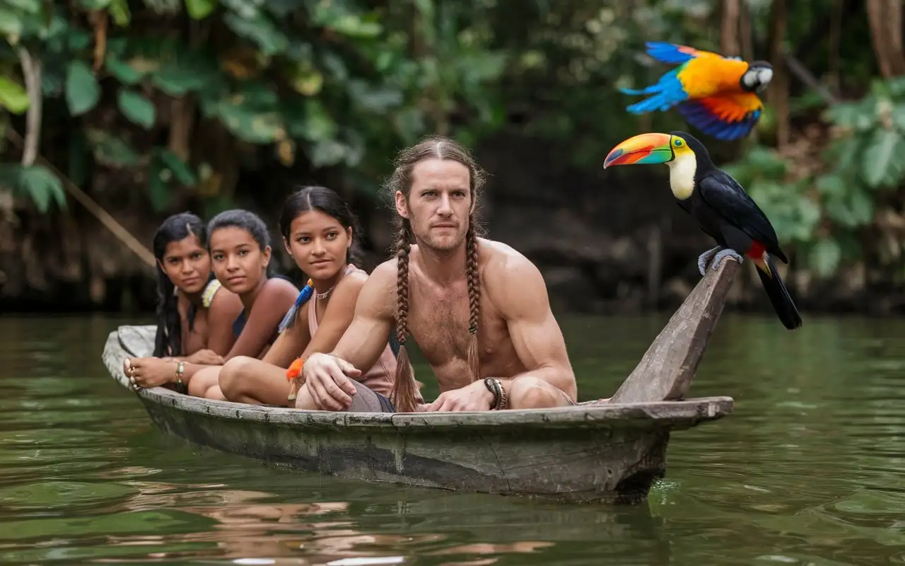 Paul Walker with Long Braids in Wooden Boat with Amazonian Girls and Wildlife