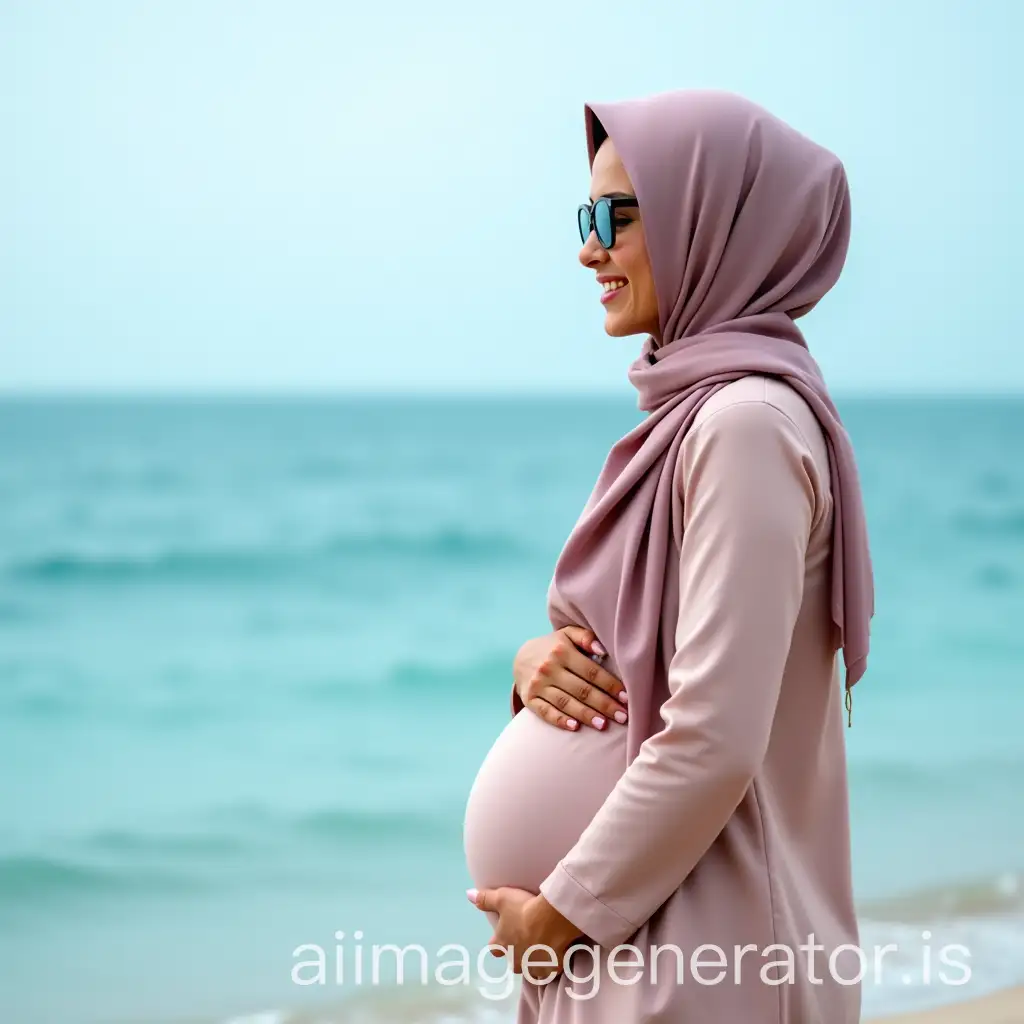 Pregnant-Muslim-Woman-in-Hijab-Standing-on-Beach-Gazing-at-the-Ocean