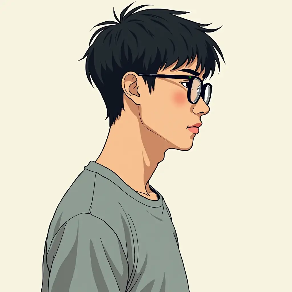 lines, profile picture, male, short hair, 25 year old Chinese person, glasses, slim, profile, muted color scheme, artist, bold, no text, casual t-shirt