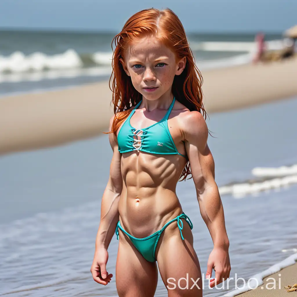 Muscular-7YearOld-Girl-with-Ginger-Hair-in-a-Bathing-Suit-at-the-Beach