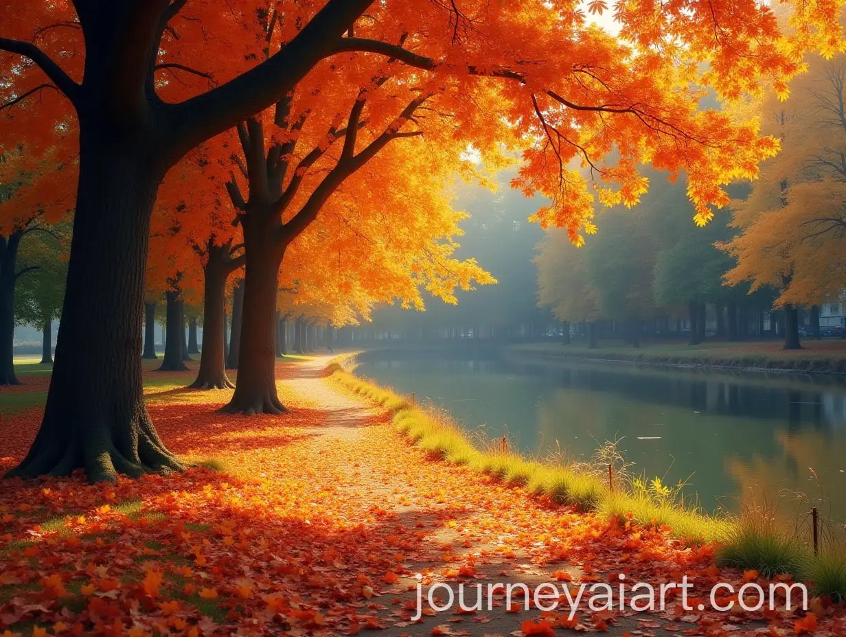 Tranquil-Autumn-Park-with-Fiery-Foliage-and-Serene-Lake-Reflection