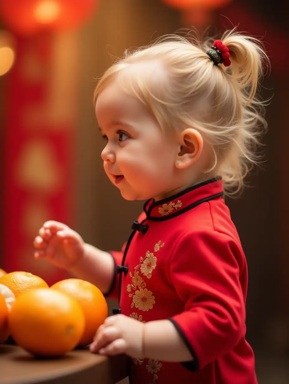 Side profile of a young child during Chinese New Year celebrations, wearing a traditional red cheongsam with gold and black embroidered details. Their blonde hair is styled in a messy bun with a red tassel hair accessory. The child is reaching for something, with oranges/tangerines and festive decorations visible in the foreground. The expression is one of wonder and excitement. Soft bokeh background in warm tones. Shot in portrait style with shallow depth of field focusing on the child's profile.