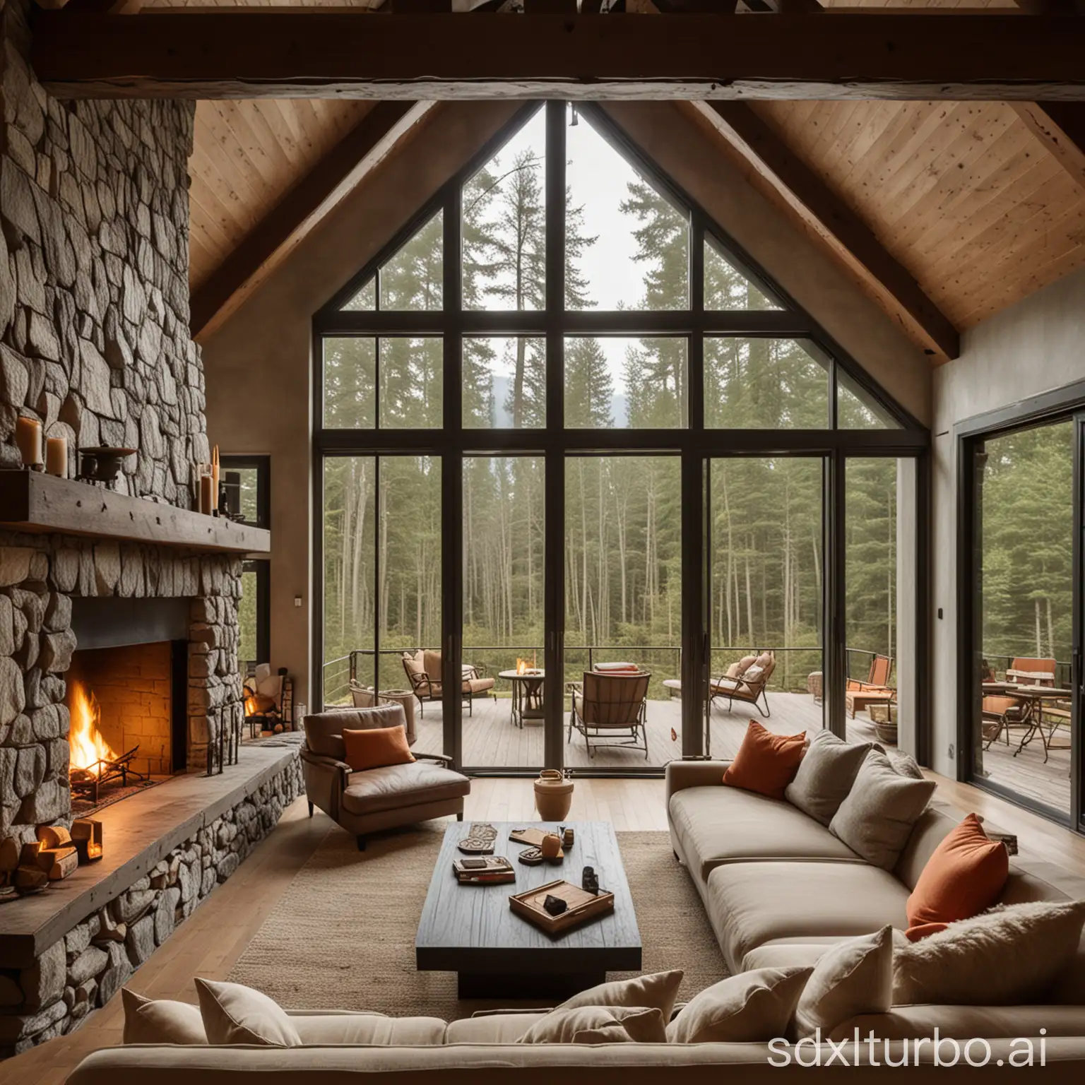 a large sofa in front of a warm burning fireplace, in a room with high ceiling and big windows overlooking the forest