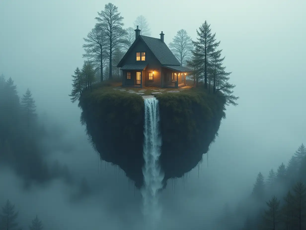 Create a globe, from whose upper half a house with lanterns, forest waterfall protrudes and with grey sky with fog