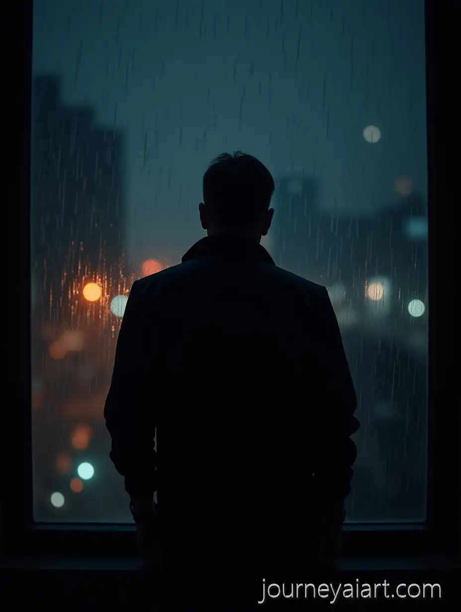 Silhouette-of-a-Lonely-Man-by-Rainy-Window-in-Noir-Cityscape