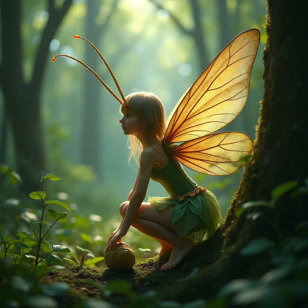 A medium shot of a fairy girl with long antennae resembling a pair of peacock feathers. The fairy has long, gigantic, shiny, iridescent, sparkling, transparent insect wings with a peacock pattern, and they are open. The fairy is climbing out of a cocoon. The background is a lush green forest with towering trees.