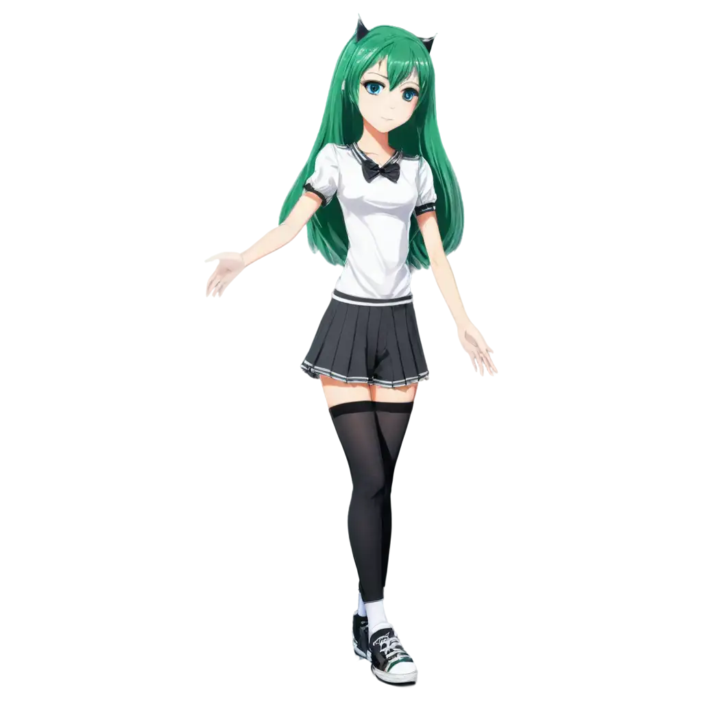 anime teen girl with green hair and blue eyes standing full body