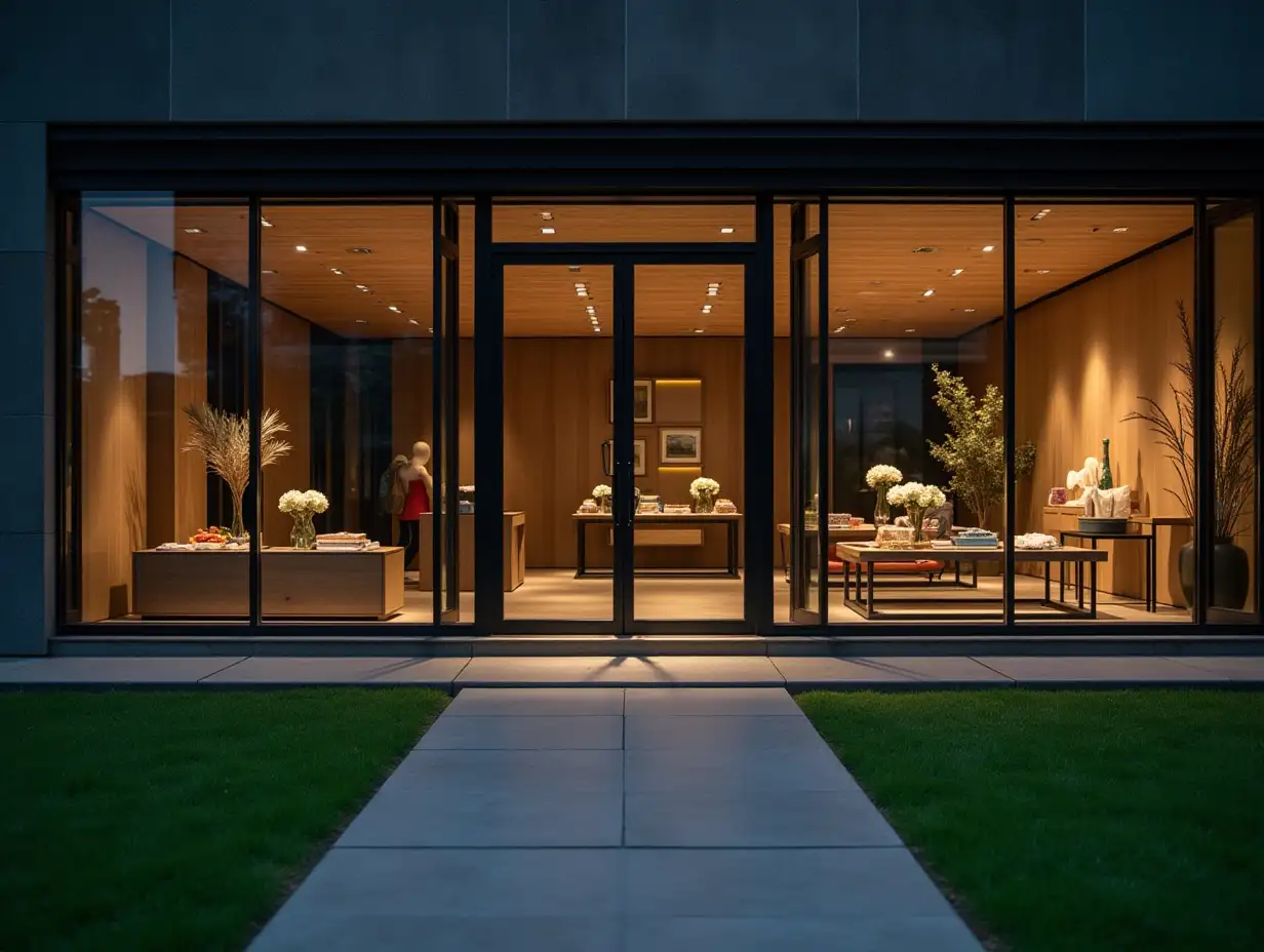 Modern-Store-with-Illuminated-Glass-Facade-and-Elegant-Decoration