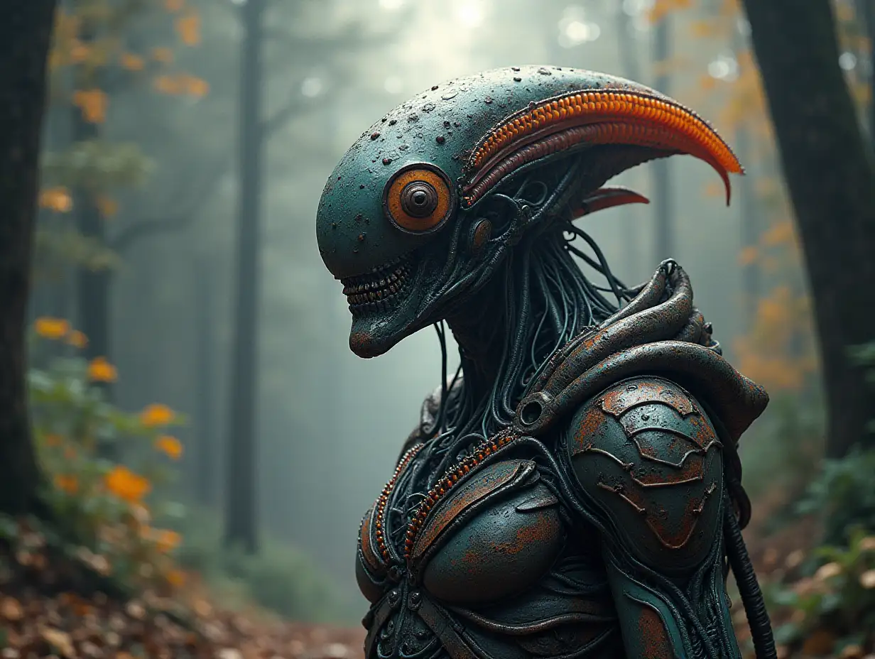 Hyperrealistic portrait of a gpanzerter metal alien king 10 meters tall with the intricately detailed, colorful forested planet background