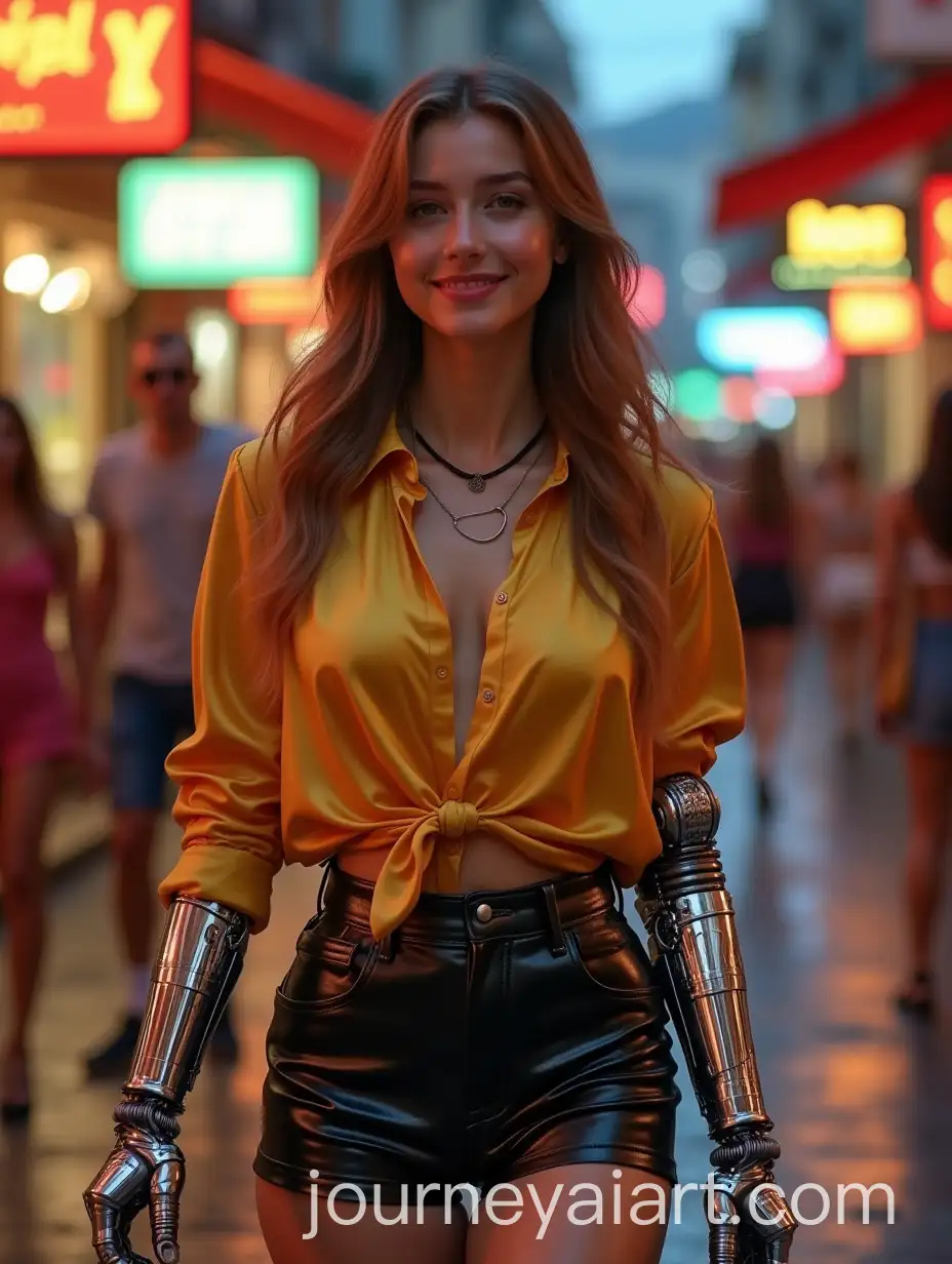 Young-Woman-with-Robotic-Prosthesis-Walking-Down-Colorful-Urban-Street