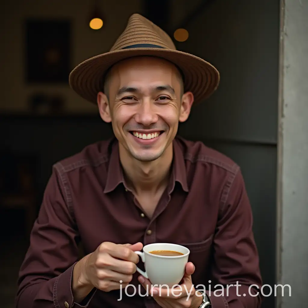 Bald-Indonesian-Man-Enjoying-Espresso-with-Maga-Hat-in-a-Happy-Setting
