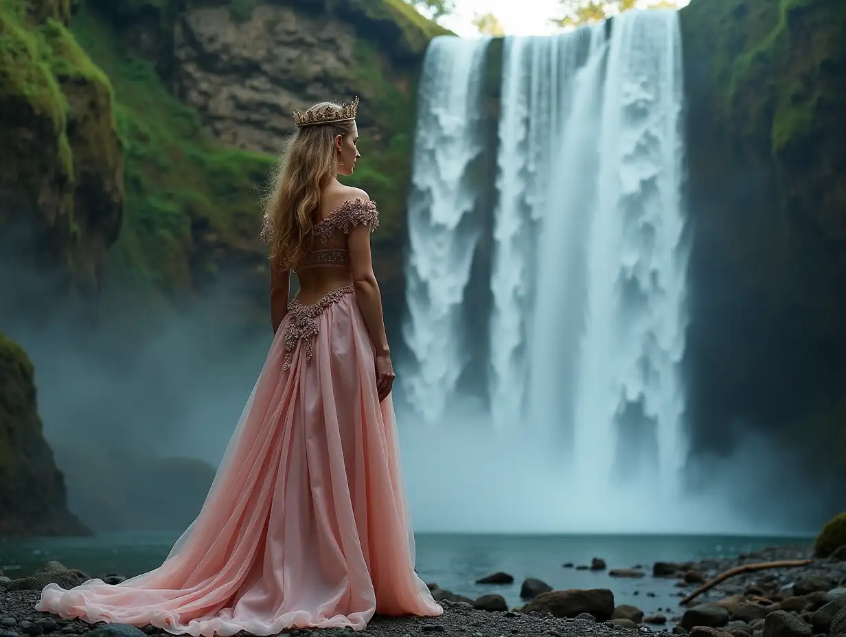 a picture of a very beautiful princess standing facing a waterfall