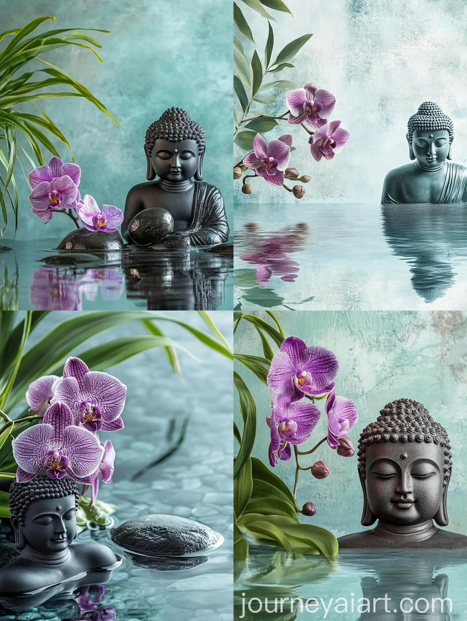 Tranquil-Spa-Atmosphere-with-Violet-Orchid-Flower-and-Buddha-Figure