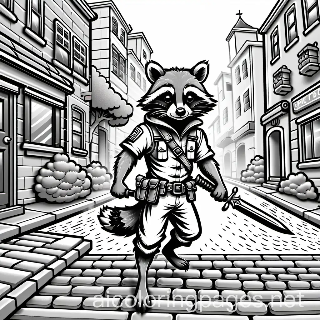 Fantasy-Raccoon-Sneaking-Through-City-Street-Coloring-Page