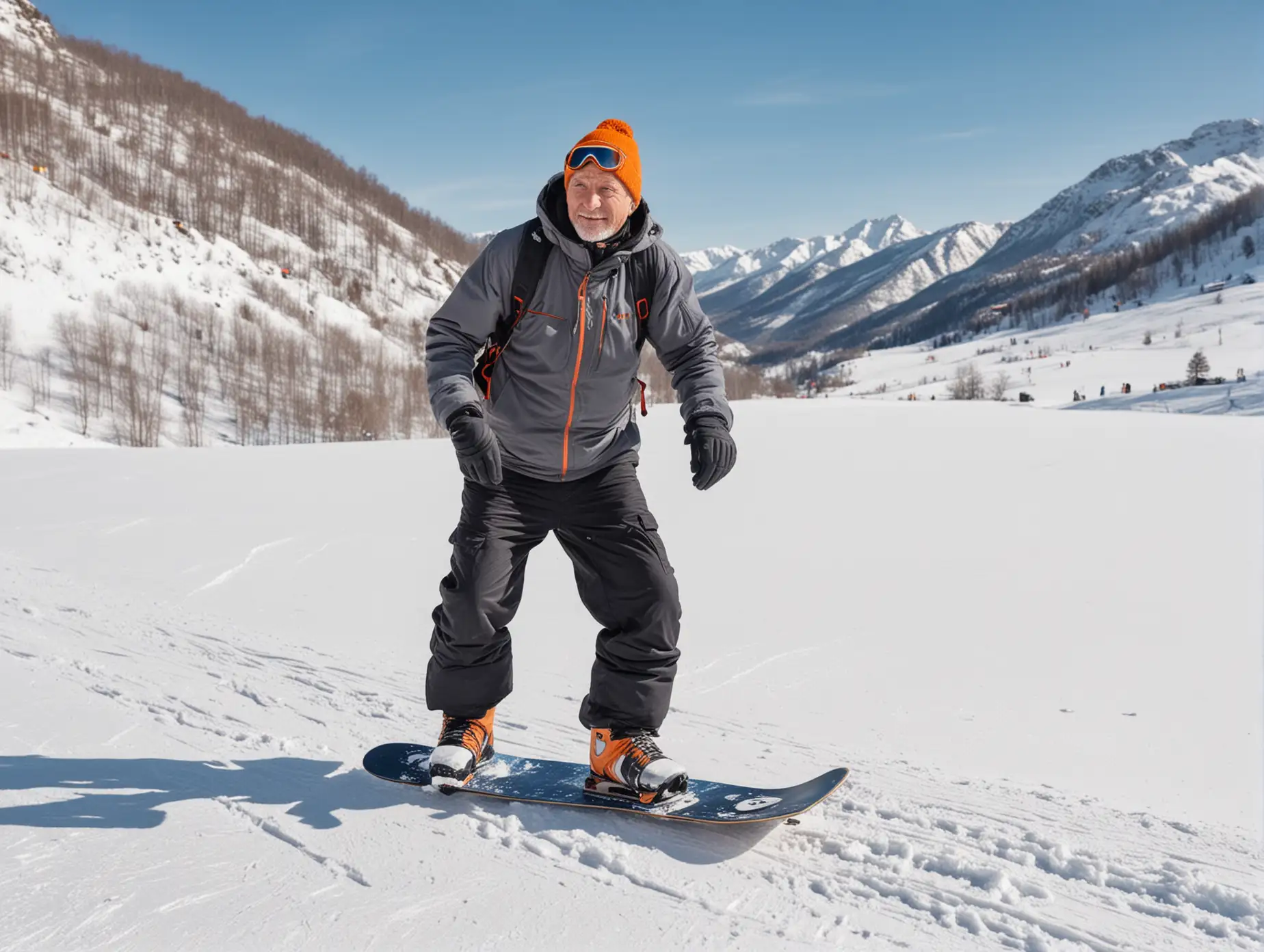 Grandfather-Athlete-Snowboarding-in-Winter-Mountains