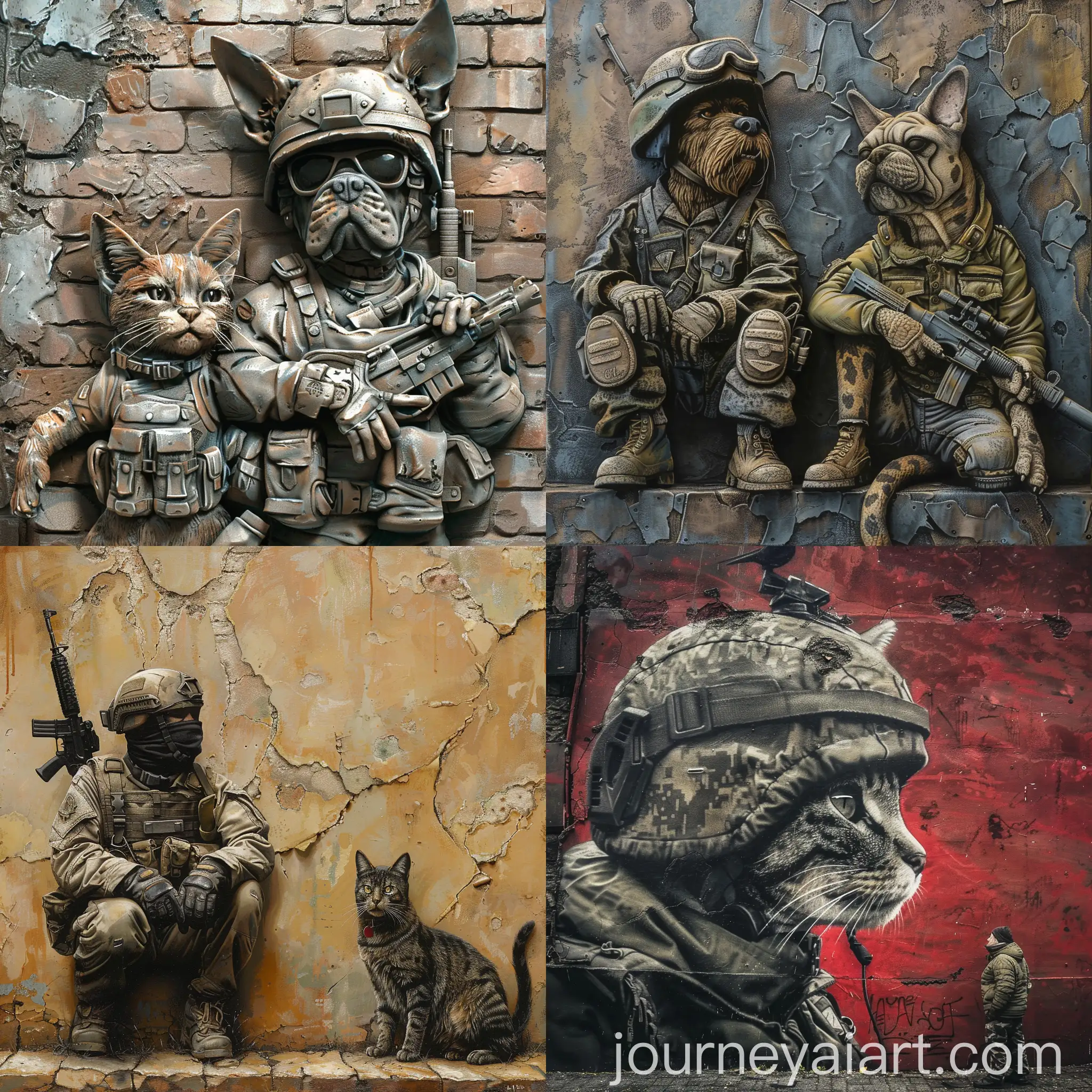 Cat-and-Dog-Playing-on-a-Wall-with-a-Soldier-in-a-Humorous-Scene