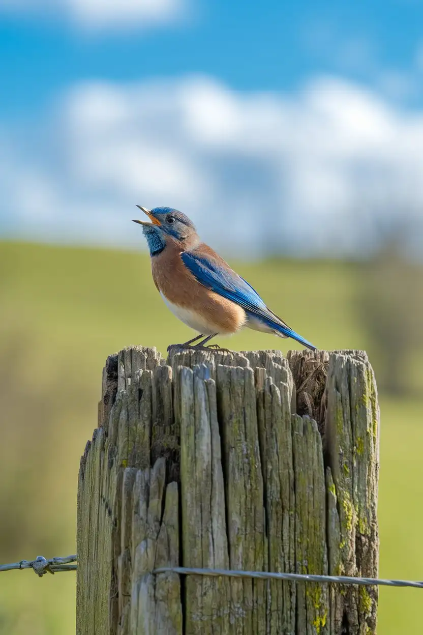 A male Western Bluebird singing with its beak slightly open, perched on a rustic, moss-covered wooden fence post. The background should feature a gently rolling green meadow under a clear, bright blue sky with fluffy white clouds. The bluebird should be positioned slightly off-center, with its blue throat puffed out as if in song. Focus on the texture of the wood and the details of the bird's feathers.