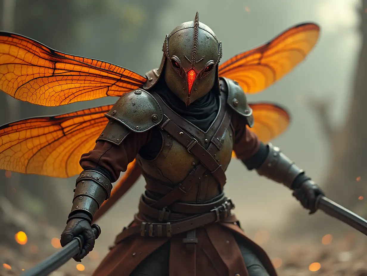 Dragonfly with leather armor and sword in combat