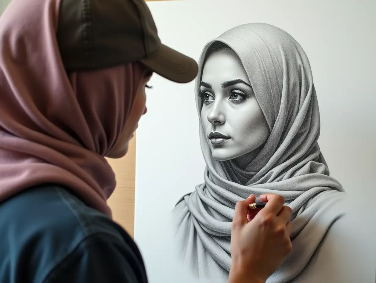 An artist in a cap is drawing a muslim woman with a pencil